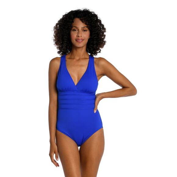 La Blanca Island Goddess Multi-Strap Cross-Back Sapphire Blue One Piece Swimsuit - Picture 1 of 10